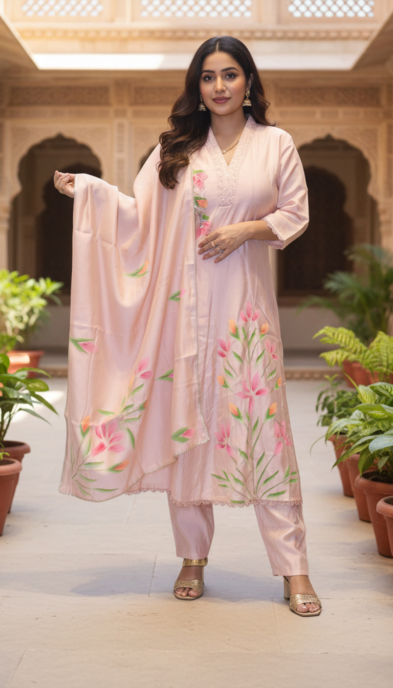 Aaral Blush Pink Hand Painted Anarkali Suit